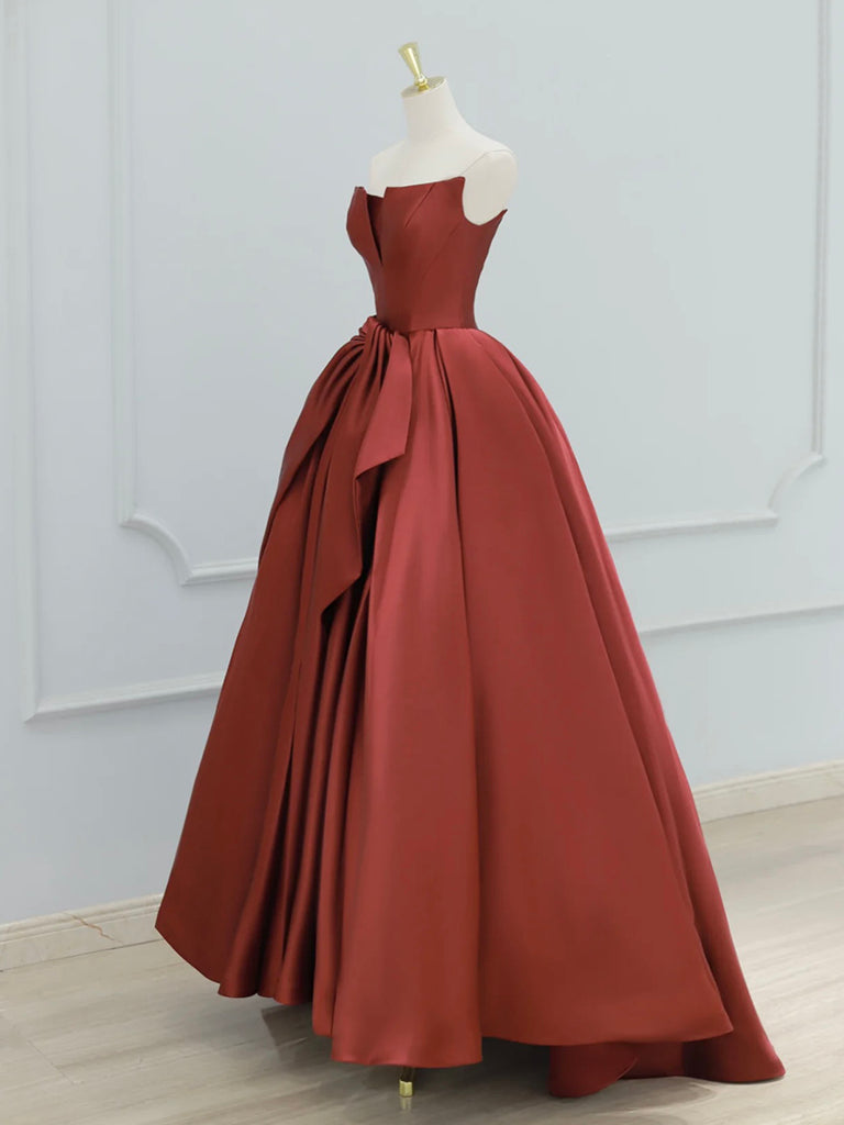 A-Line Satin Dark Red Long Prom Dress, Dark Red Formal Dress