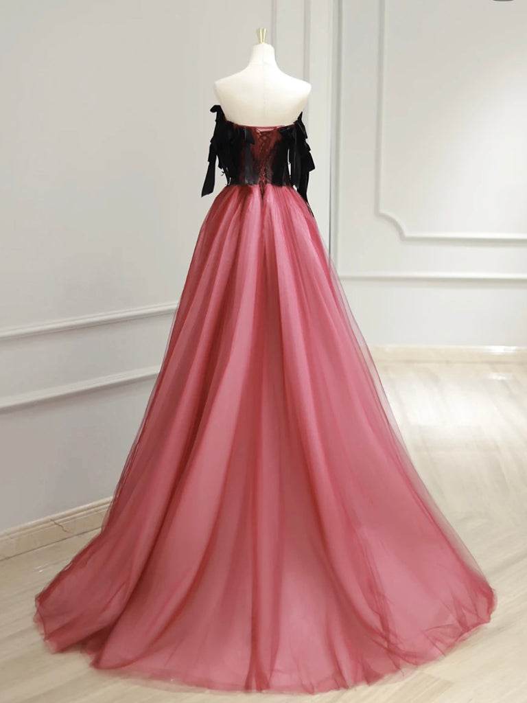 A-Line Tulle Watermelon Red Long Prom Dress, Watermelon Red Tulle Long shopluu A-Line Tulle Watermelon Red Long Prom Dress, Watermelon Red Tulle Long shopluu