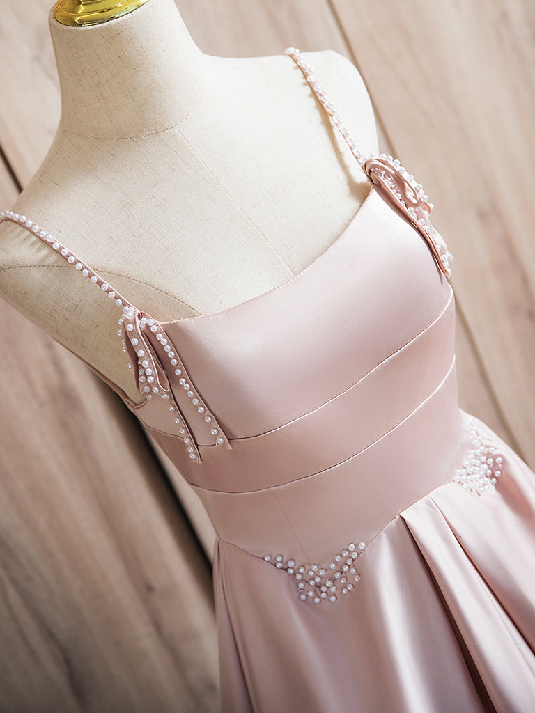A-Line Beads Satin Pink Long Prom Dress, Pink Long Formal Dress shopluu A-Line Beads Satin Pink Long Prom Dress, Pink Long Formal Dress shopluu