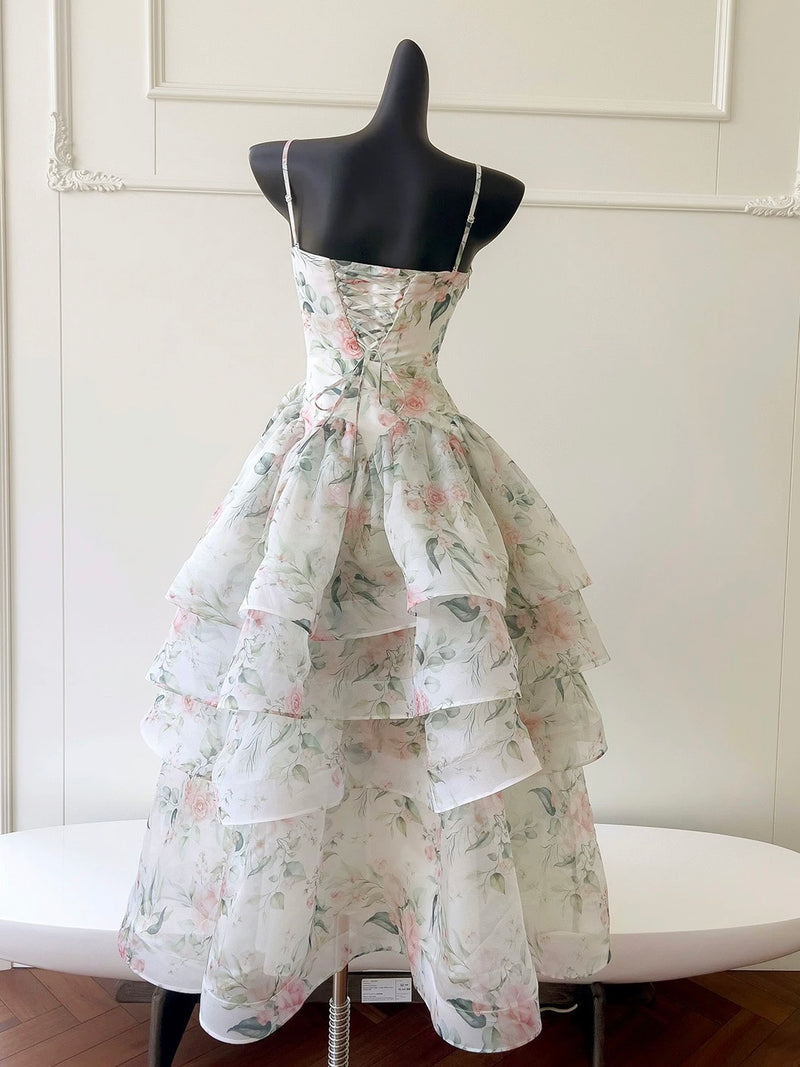A-line Printed Organza Long Light Champagne Party Prom Dress – shopluu