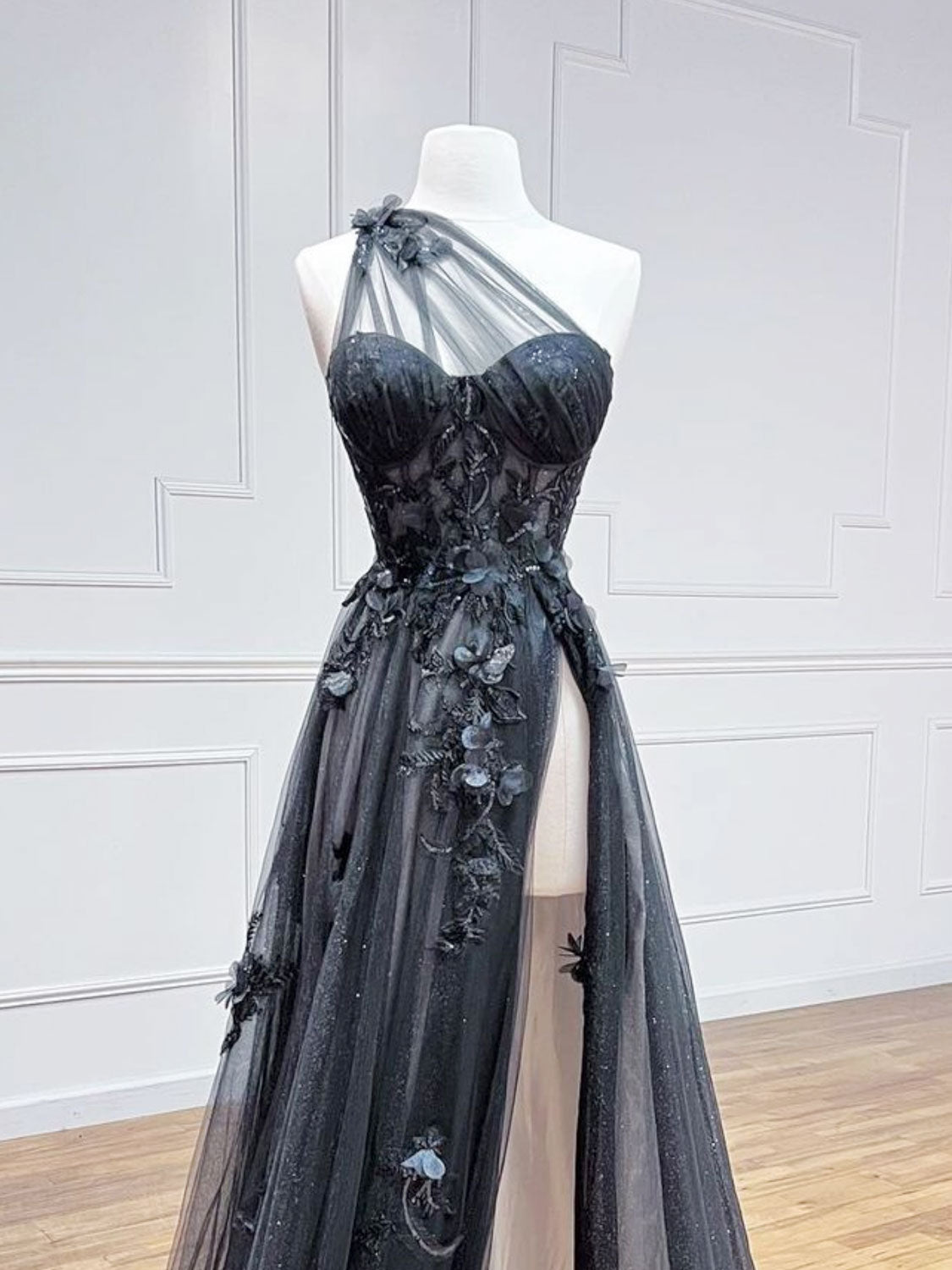 Black Tulle Lace Long Prom Dress, One Shoulder Evening Dress with Slit US 4 / Custom Color Black Tulle Lace Long Prom Dress, One Shoulder Evening Dress with Slit US 4 / Custom Color