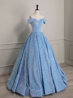 A-Line Sweetheart Neck Velvet Sequin Blue Long Prom Dress, Blue Formal Dress