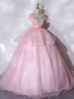 A-Line Off Shoulder Organza Lace Pink Long Prom Dress. Pink Sweet 16 Dress