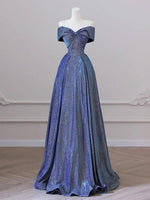 Simple A-Line Shiny Satin Blue Long Prom Dress, Blue Long Formal Dress