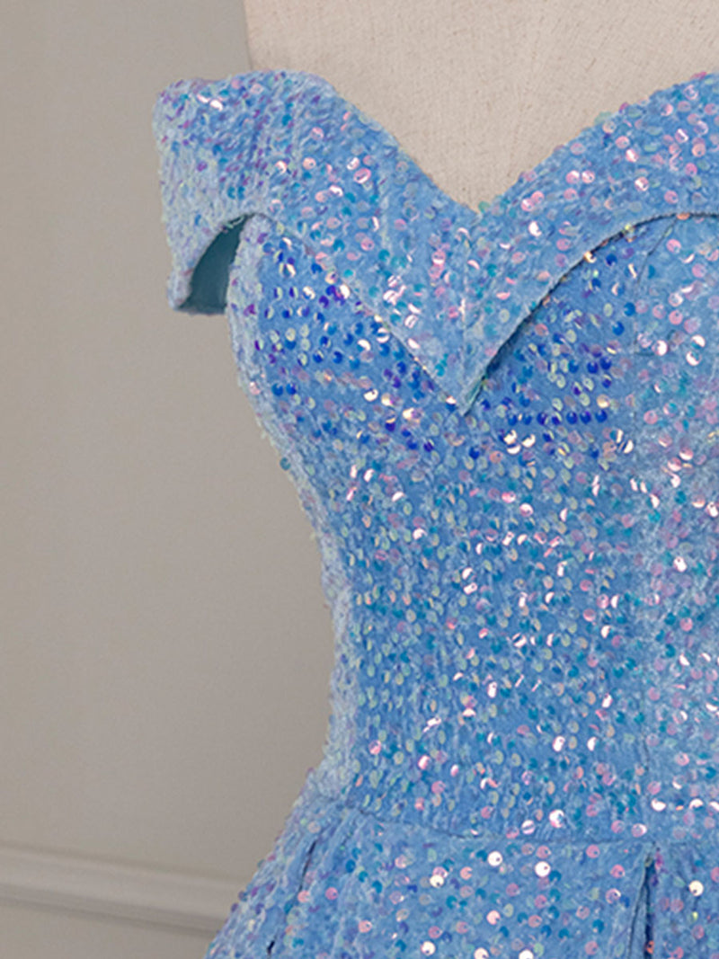 A-Line Sweetheart Neck Velvet Sequin Blue Long Prom Dress