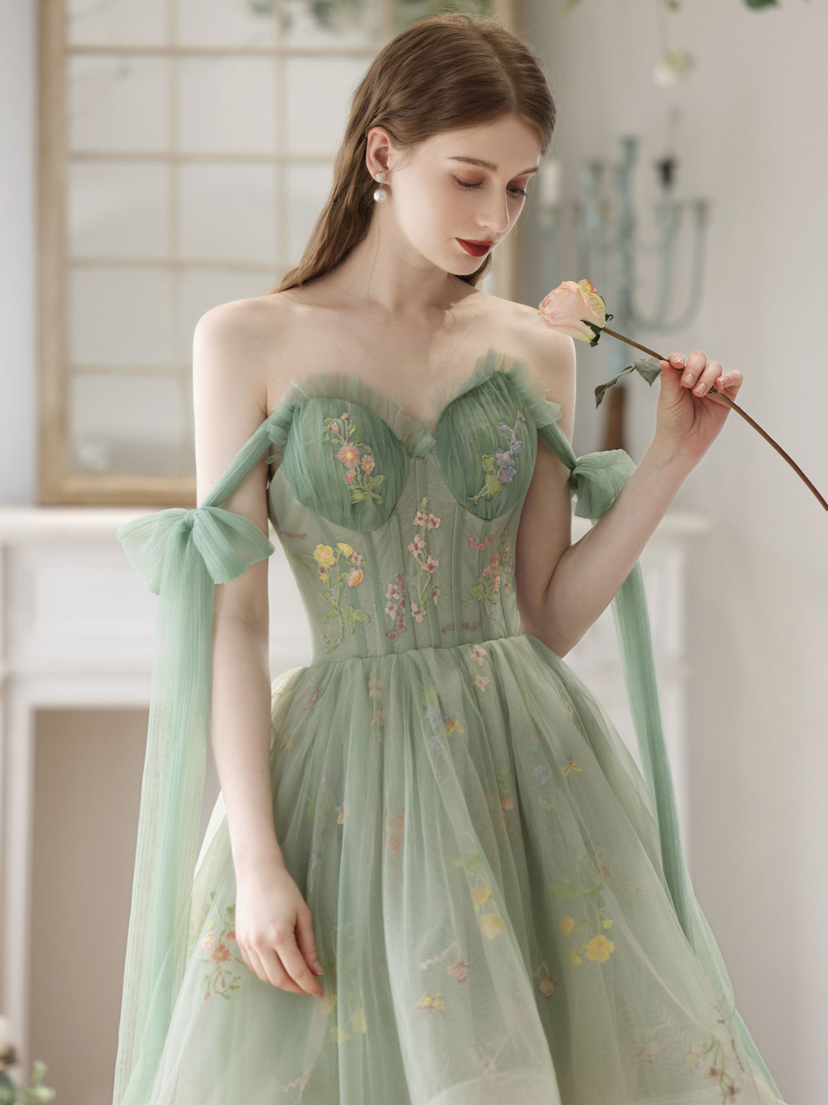 A-Line High Low Green Lace Short Prom Dress, Green Lace Homecoming Dress US 16 / Gray Blue
