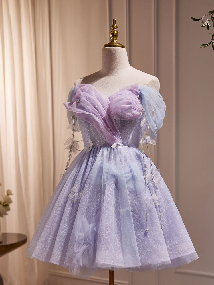 purple tulle dress A Line Prom Off The Shoulder Evening Dress TP1087 US12 / Custom Color Length Fabric Beautiful Purple Off Shoulder Tulle