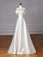 A-Line Off Shoulder Satin Beige Long Prom Dress, Beige Long Formal Dress