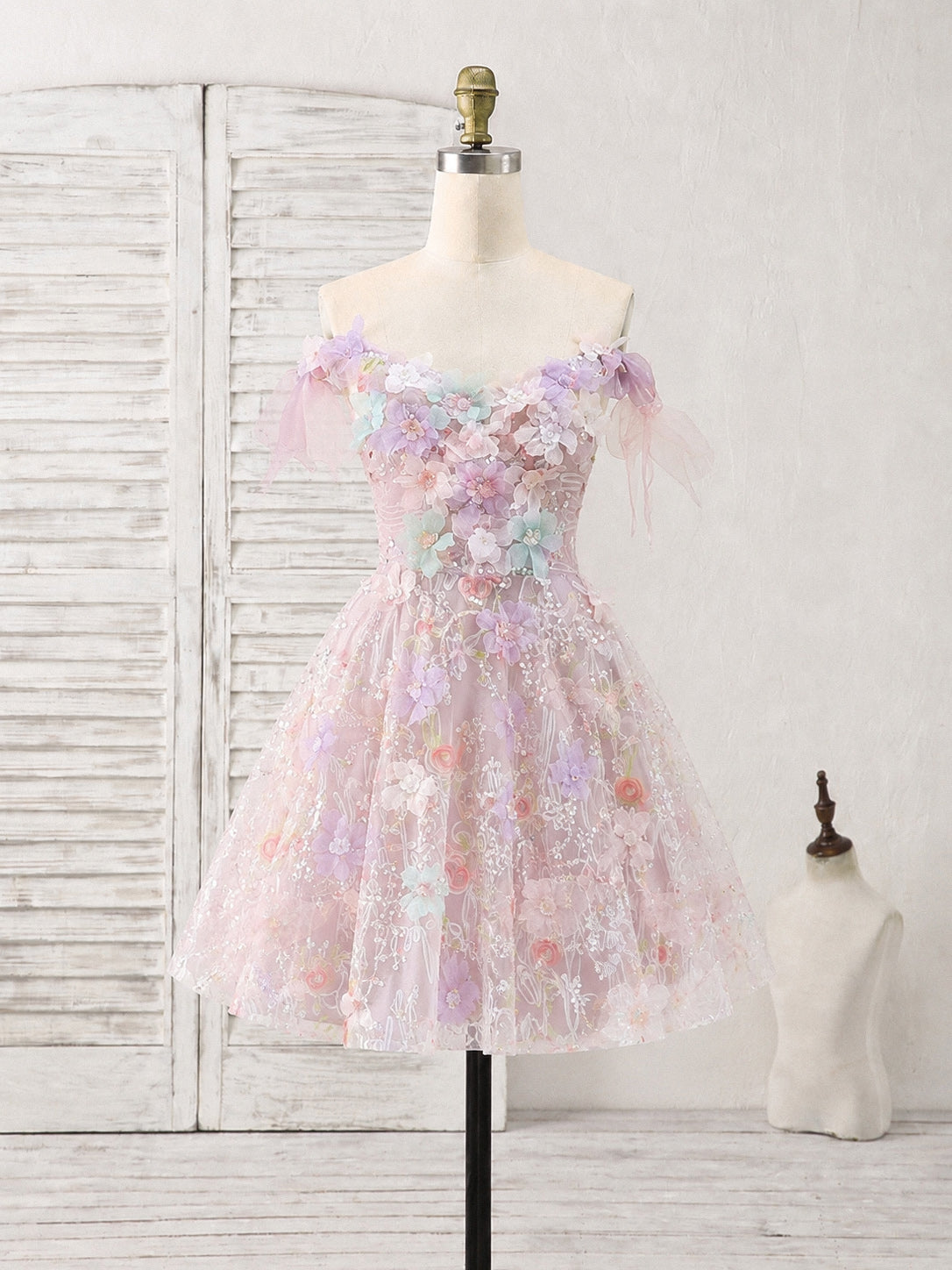 A-line Off Shoulder Tulle Lace Pink Short Prom Dress with Flower