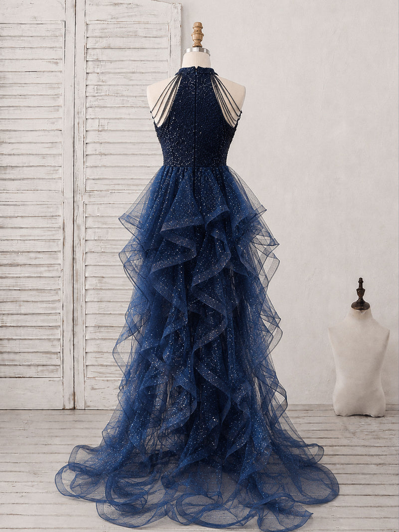 A-line Sequin High Low Tulle Dark Blue Prom Dress with Beads – shopluu