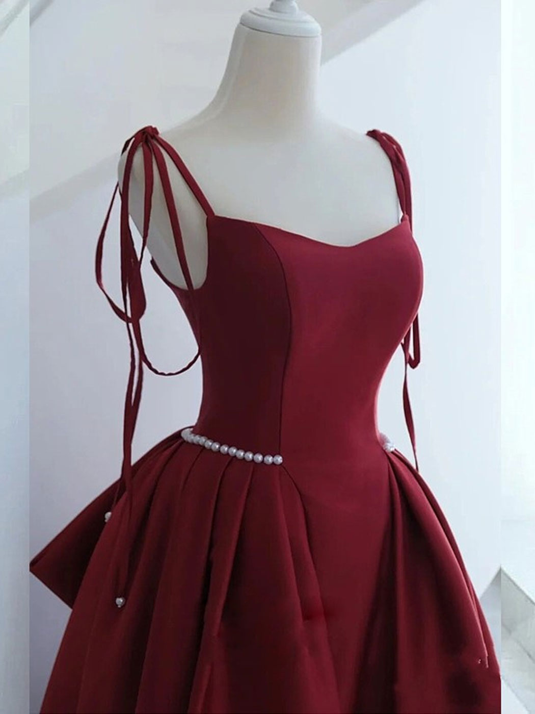 A-Line Floor Length Satin Burgundy Long Prom Dress with Beads