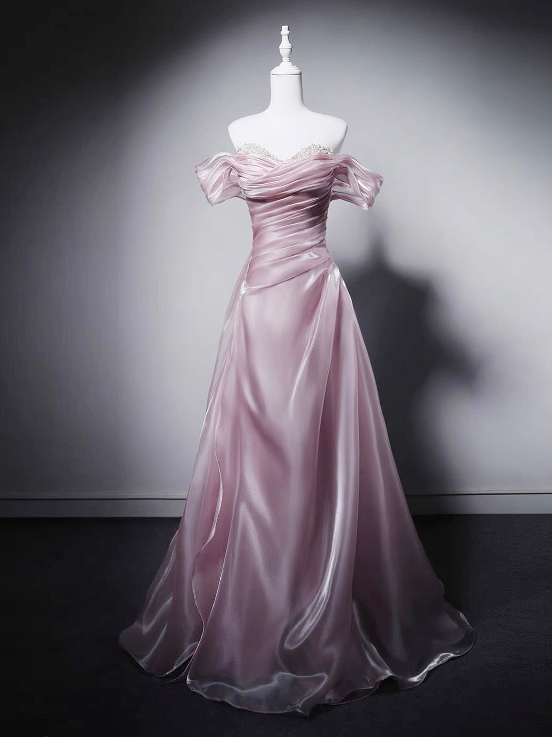 A-line Sweetheart Neck Off Shoulder Pink Long Prom Dress with Beads – shopluu