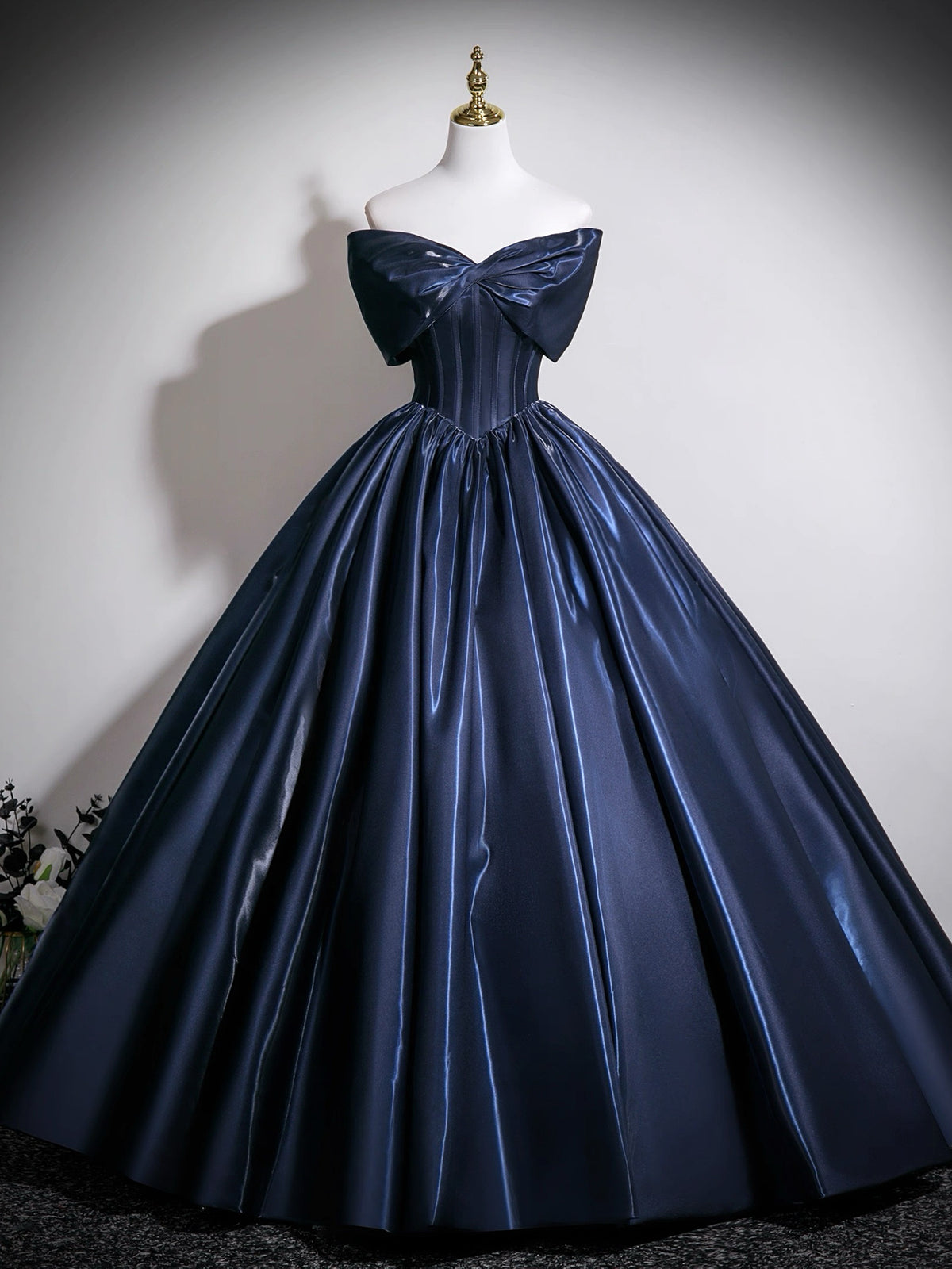 A-line V Neck Satin Floor Length Dark Blue Long Prom Dress