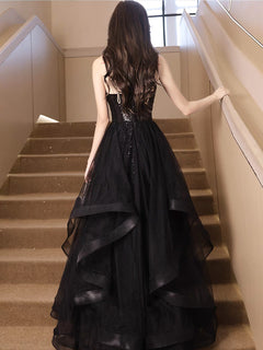 A-Line V Neck Sequin Tulle Black Prom Dress, Black Long Evening Dress