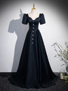A-Line Short Sleeve Satin Dark Blue Long Prom Dress, Dark Blue Long Formal Dress