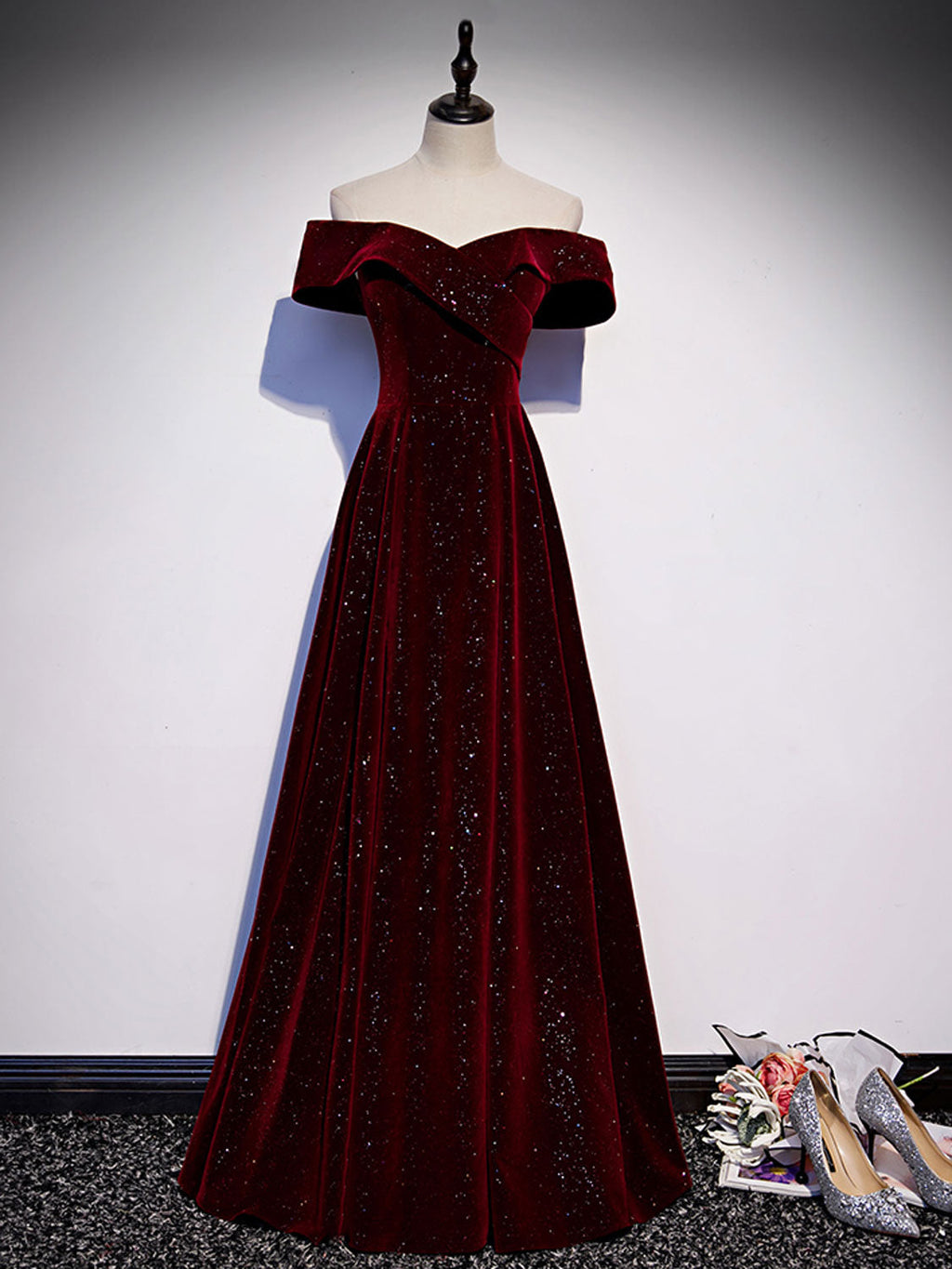 A-Line Off  Shoulder Velvet Burgundy Long Prom Dress, Burgundy Long Formal Dress