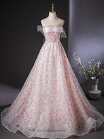 A-Line Tulle Lace Sequin Pink Long Prom Dress, Pink Long Evening Dress