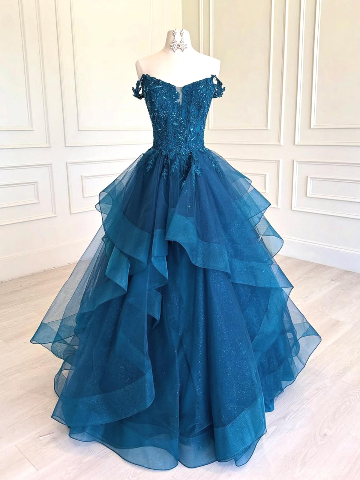 A-Line V Neck Off Shoulder Tulle Lace Blue Long Prom Dress, Blue Formal Dress