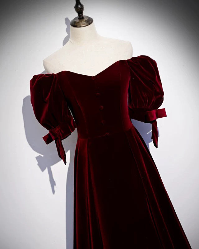 A-Line Puff Sleeves Velvet Burgundy Long Prom Dress