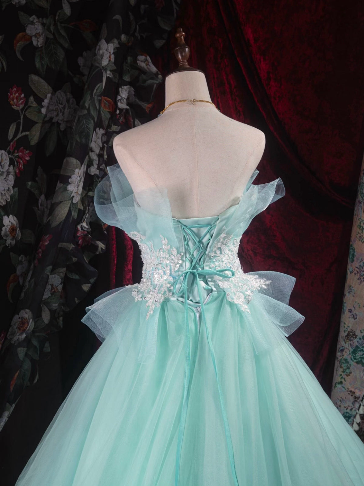 A-Line Floor Length Lace Tulle Blue Green Long Prom Dress