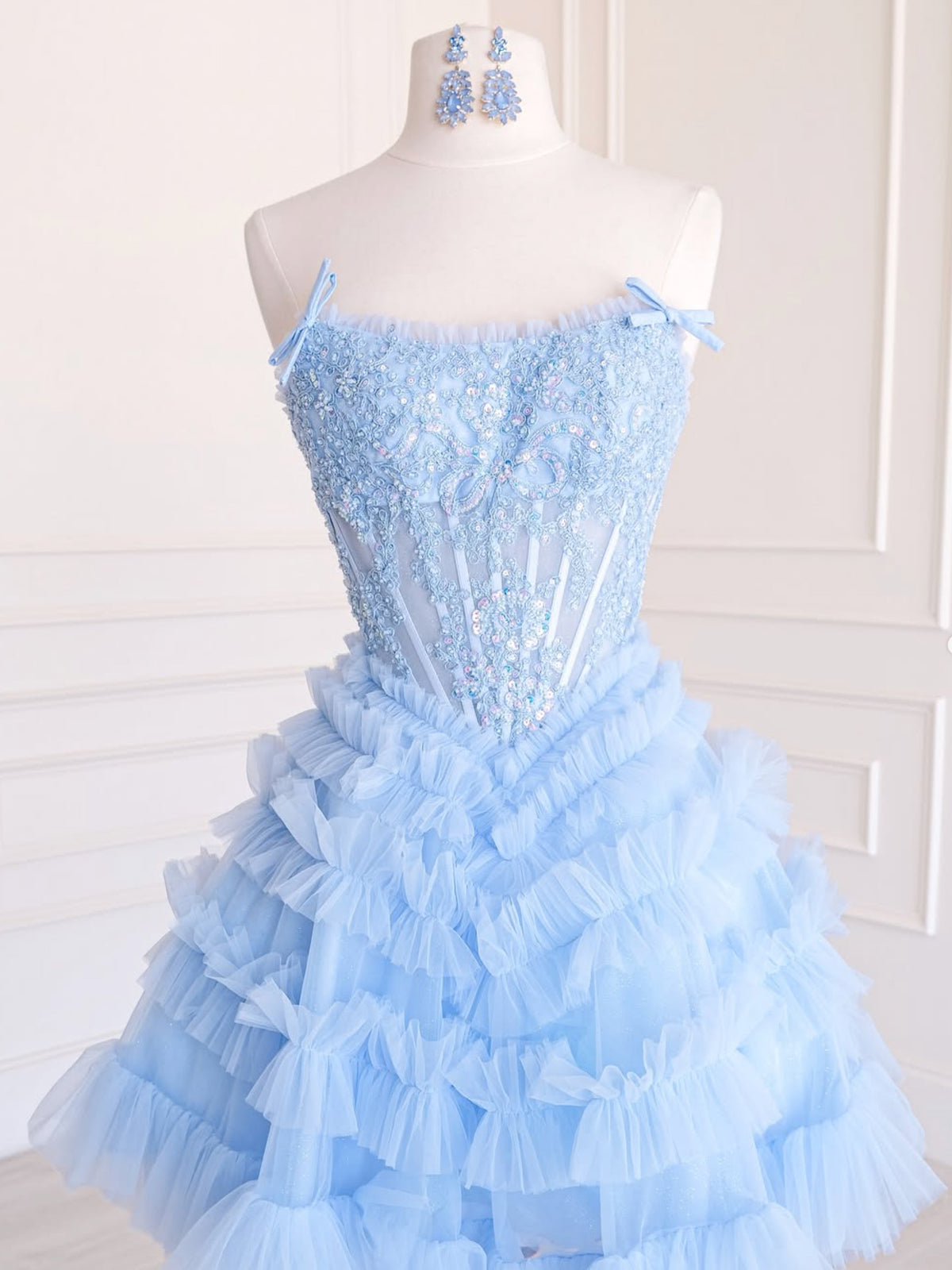 A-line Tulle Lace Short Blue Prom Dress, Blue Homecoming Dress