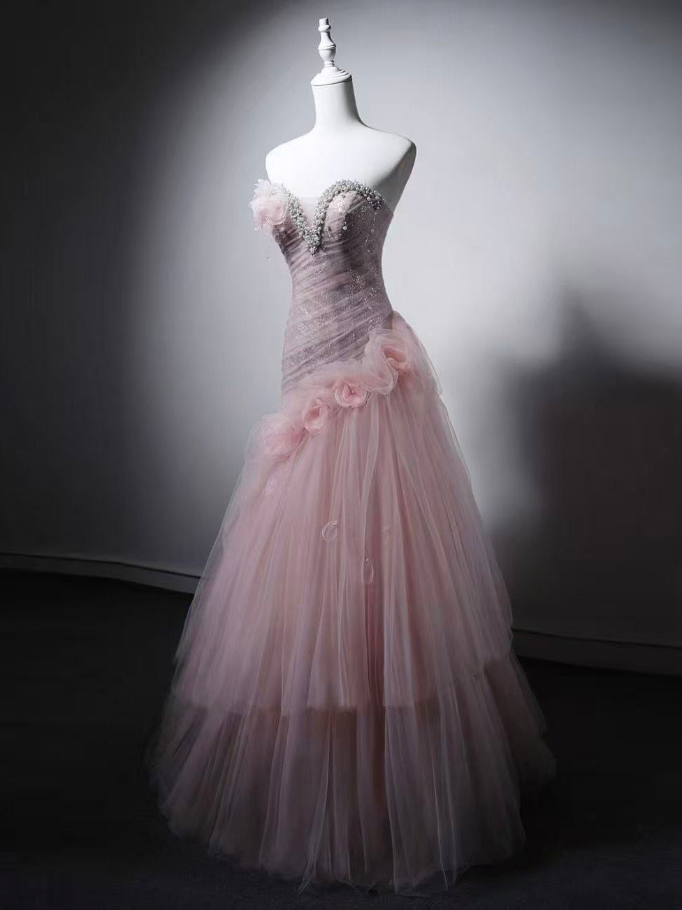 A-line Sweetheart Neck Tulle Sequin Pink Long Prom Dress with Beads