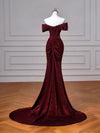 Mermaid Off Shoulder Burgundy Long Prom Dress, Burgundy Long Evening Dress