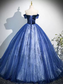 A-Line Off Shoulder Tulle Lace Blue Long Prom Dress, Blue Long Formal Dress