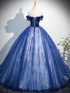 A-Line Off Shoulder Tulle Lace Blue Long Prom Dress, Blue Long Formal Dress