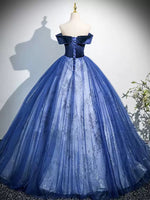 A-Line Off Shoulder Tulle Lace Blue Long Prom Dress, Blue Long Formal Dress