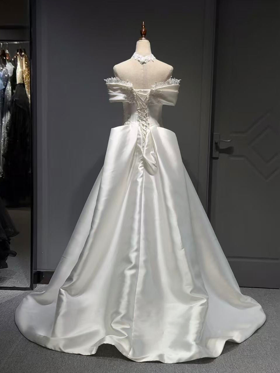 A-line Off Shoulder Satin Lace White Long Prom Dress, White Formal Dress