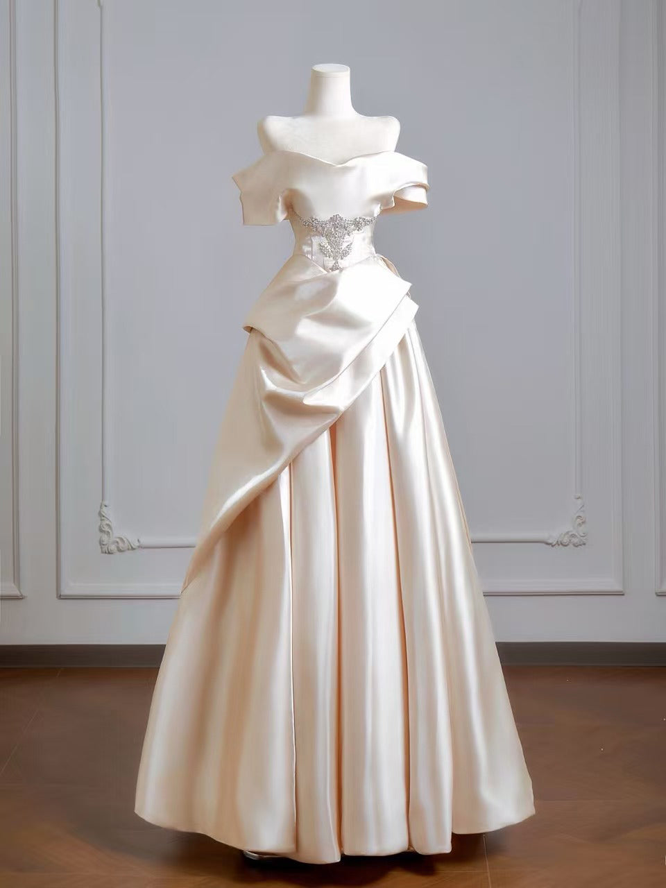 Off Shoulder Satin Floor Length Champagne Long Prom Dress with Beads