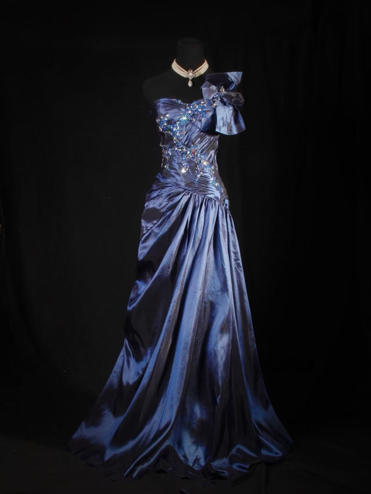 A-line Sweetheart Neck Off Shoulder Taffeta Dark Blue Long Prom Dress with Sequin Beads