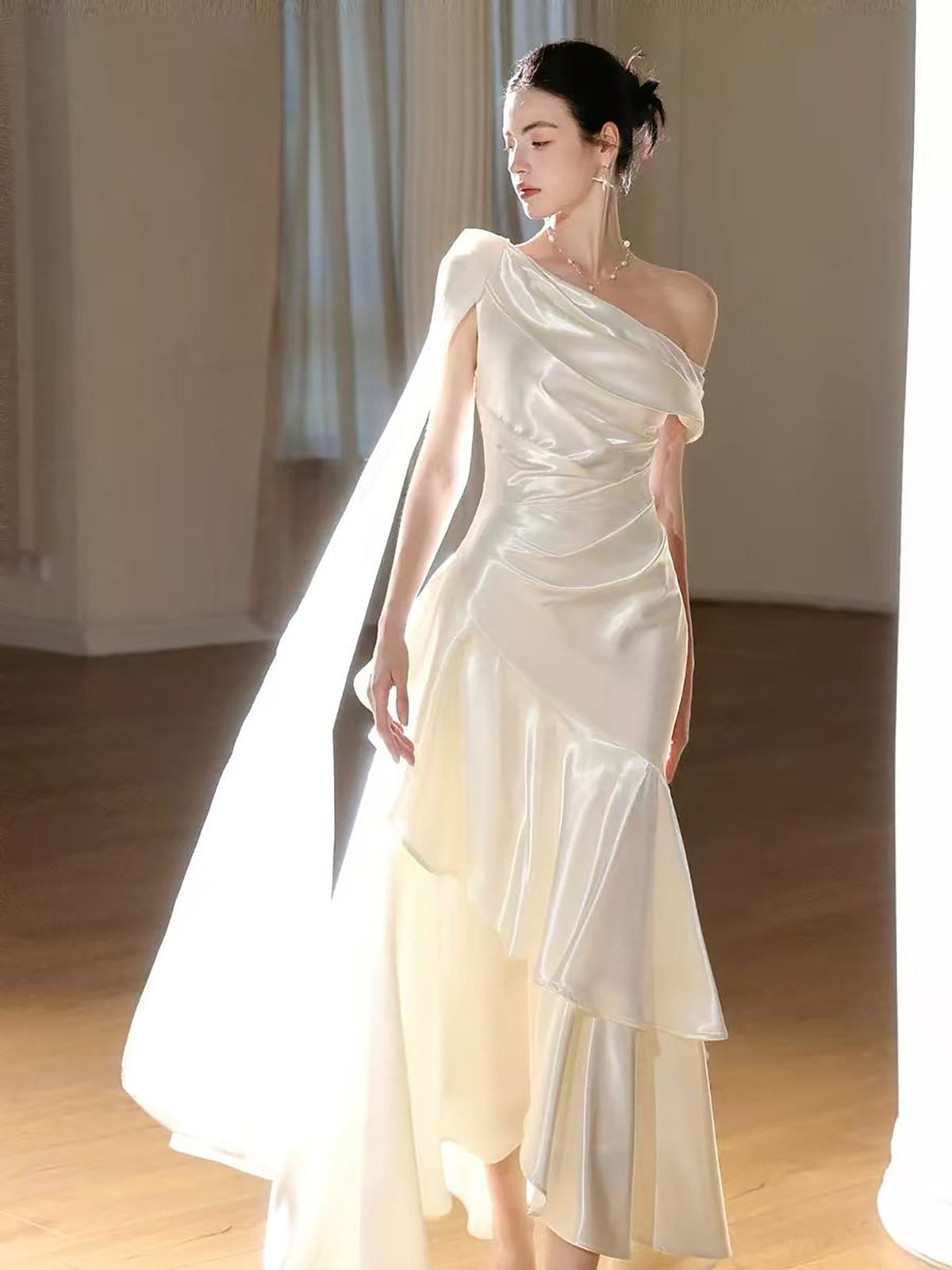Simple One Shoulder ivory Satin Long Prom Dress with Cascading Ruffles