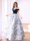 Blue Satin Velvet Long Prom Dress, Blue Long Evening Dress