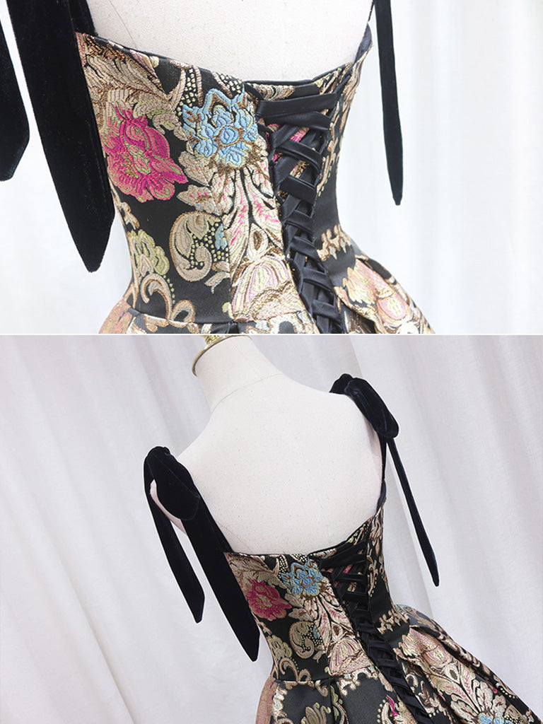 Black Floral Floor Length Prom Dress, A-Line Black Evening Dress US 8 / Black Black Floral Floor Length Prom Dress, A-Line Black Evening Dress US 8 / Black