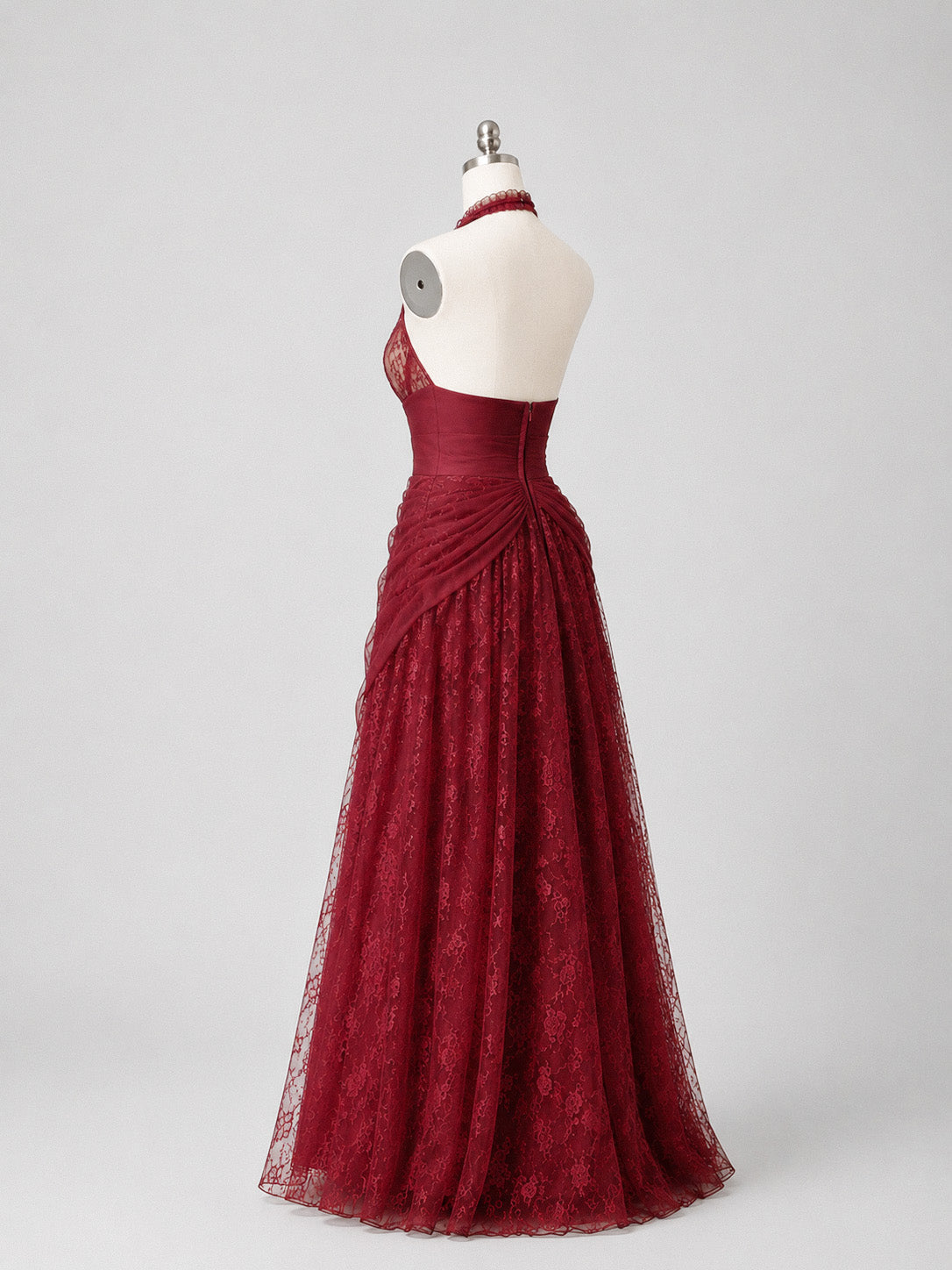 A-line V Neck Tulle Lace Floor Length Burgundy Long Prom Dress