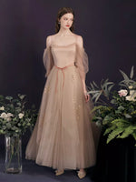 Champagne Tulle A-Line Long Prom Dress, Champagne Formal Dress