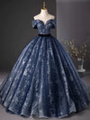 A-Line Off Shoulder Tulle Lace Dark Blue Long Prom Dress, Dark Blue Long Formal Dress