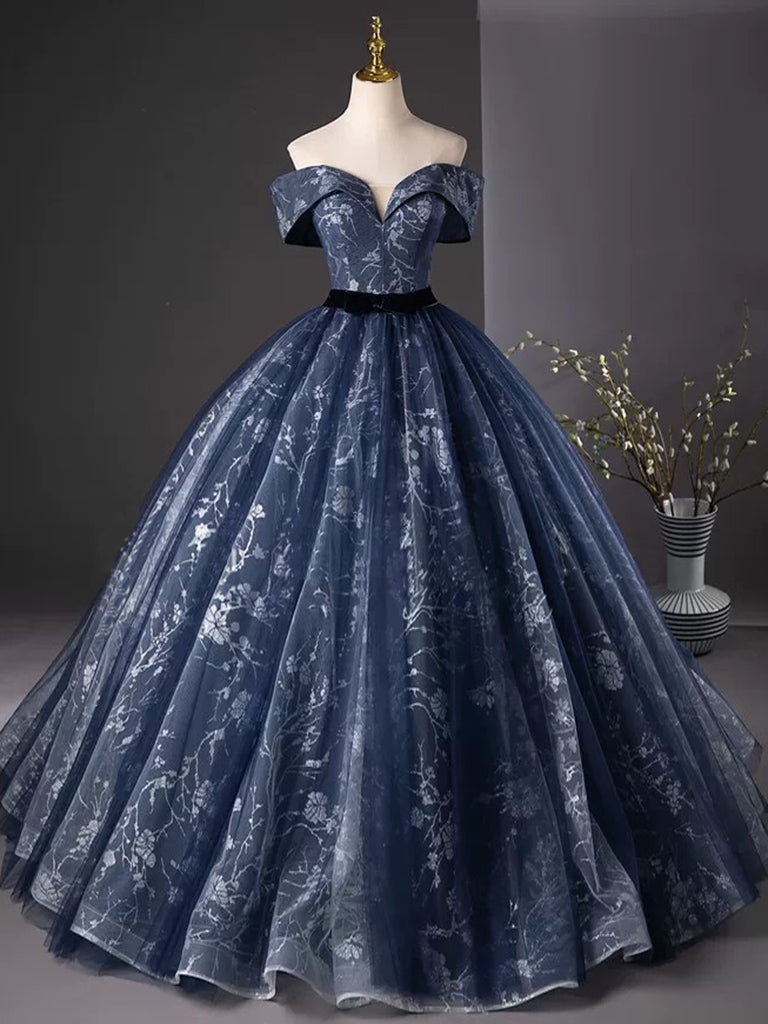 A-Line Off Shoulder Tulle Lace Dark Blue Long Prom Dress, Dark Blue Long Formal Dress