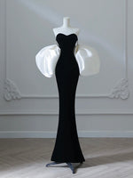 Mermaid Sweetheart Neck Velvet Satin Black Long Prom Dress with Puff Sleeves