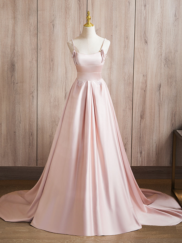 A-Line Beads Satin Pink Long Prom Dress, Pink Long Formal Dress