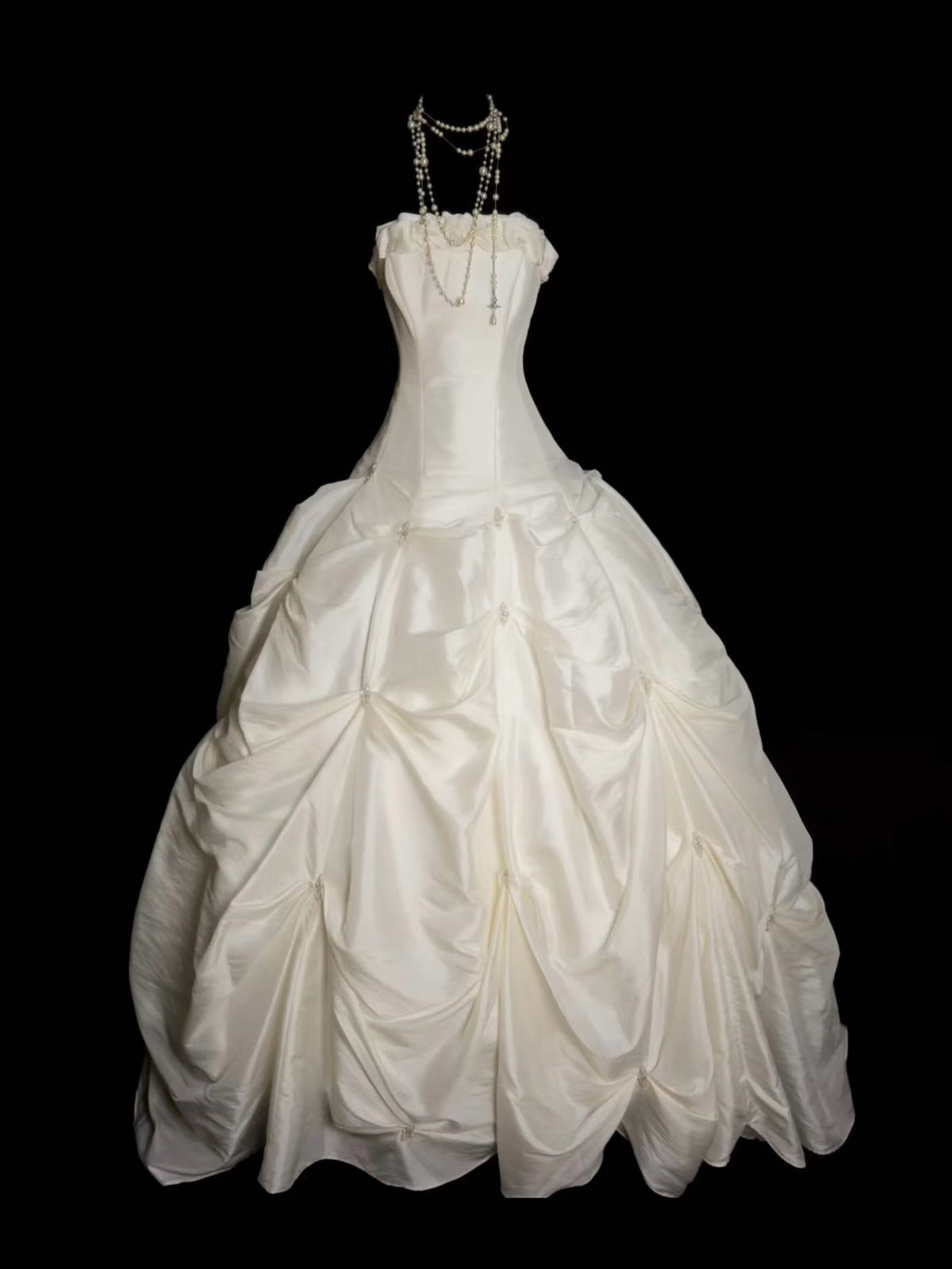 Ivory Strapless Taffeta Ball Gown Long Prom Dress with Ruffled Neckline