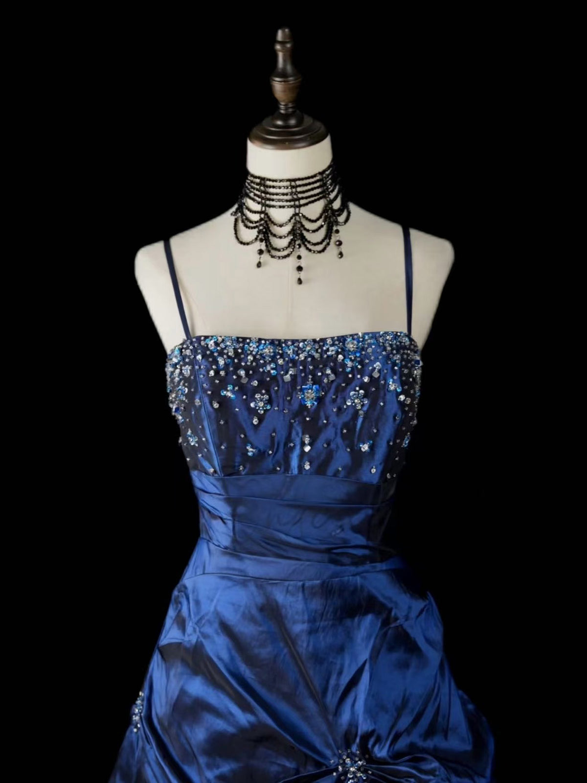Navy Blue Beaded A-Line Long Prom Dress with Spaghetti Straps
