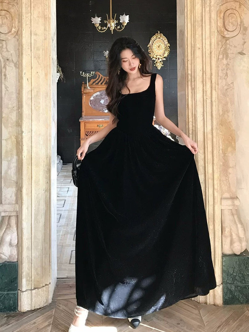 A-Line Velvet Black Long Prom Dress, Black Long Formal Dress