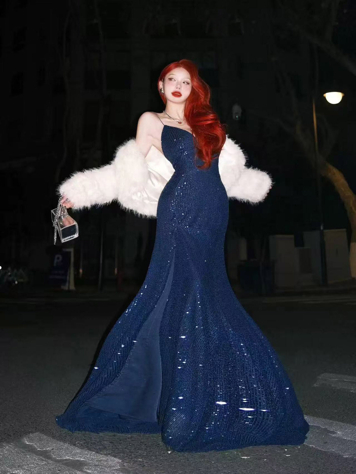 Mermaid V Neck Sequin Dark Blue Long Prom Dress, Blue Party Dress