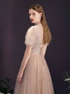 A-Line Tulle Lace Champagne Long Prom Dress, Champagne Long Bridesmaid Dress
