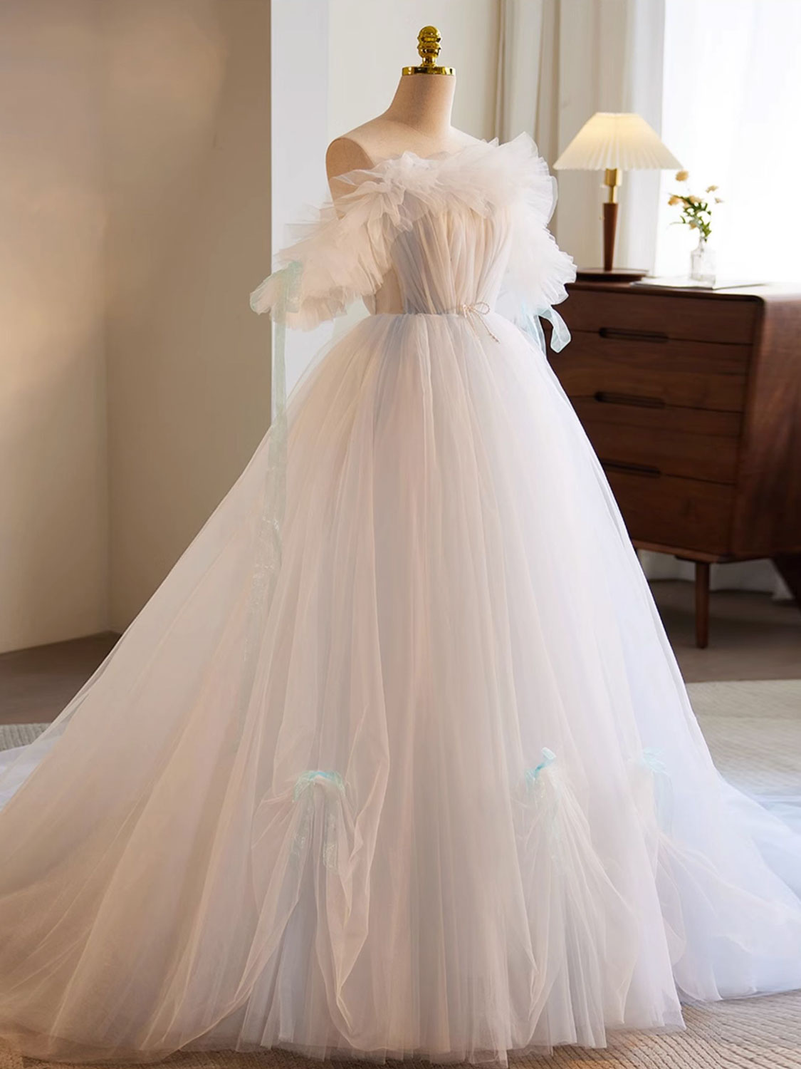 white gowns & formal dresses White A-Line Tulle Long Prom Dress White Formal Dress, Diamond White / 10