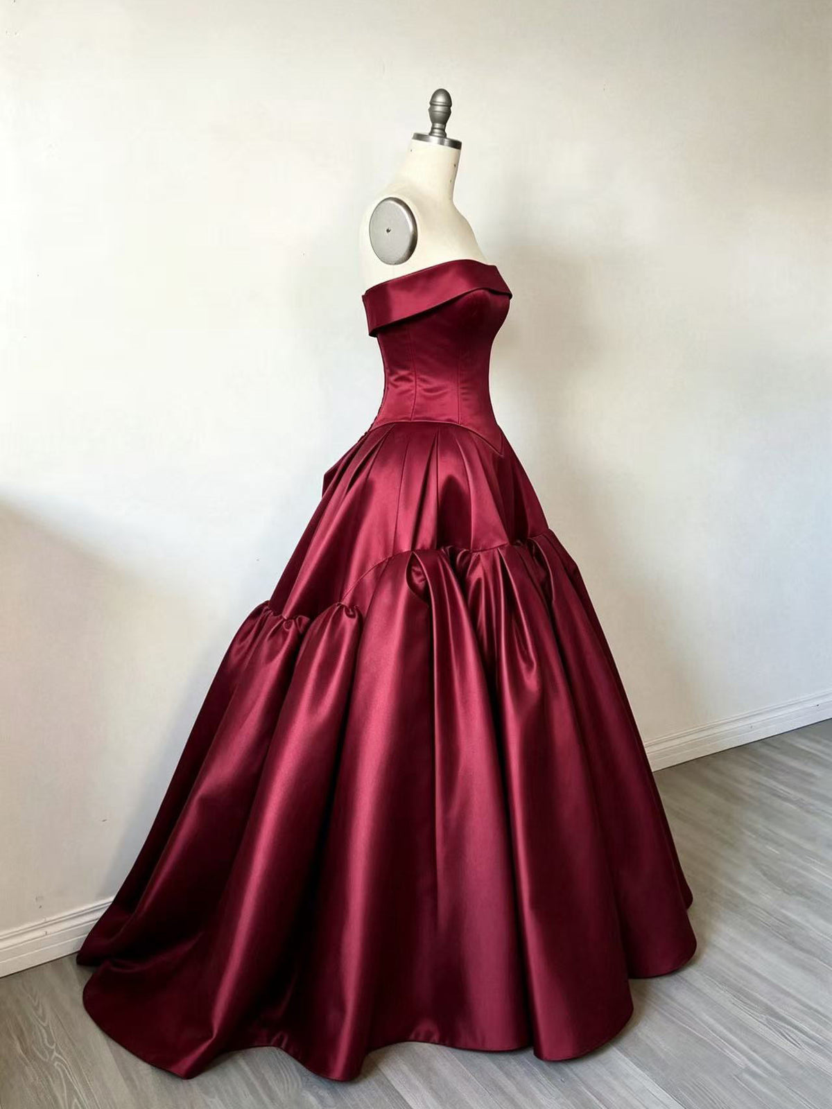 A-line Off Shoulder Satin Burgundy Long Prom Dress, Burgundy Formal Dress