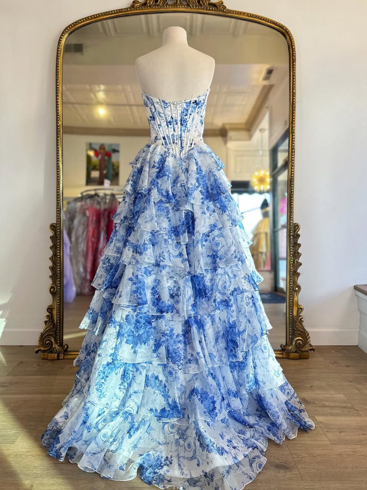A-line Sweetheart Neck Printed Chiffon Blue Long Prom Dress with Lace Applique